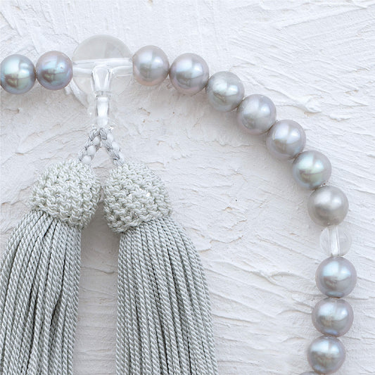 【念珠】グレー淡水真珠 片手8mm 水晶仕立 本絹頭房  SN004