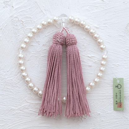 【念珠】再生パール片手7mm P仕立 人絹頭房灰桜 　SN010