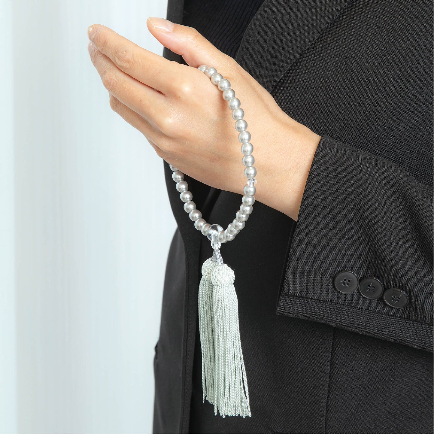 【念珠】再生グレーパール片手7mm P仕立 人絹頭房グレー　SN011