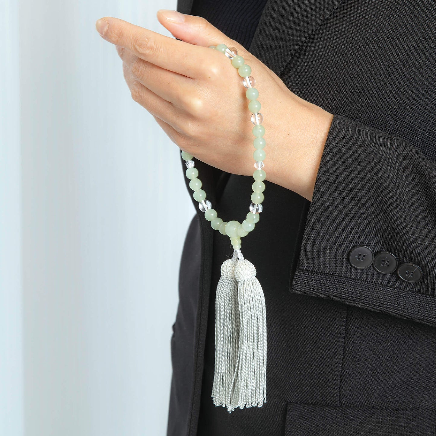 【念珠】ニュージェイド片手7mm 水晶  本絹頭房  SN012