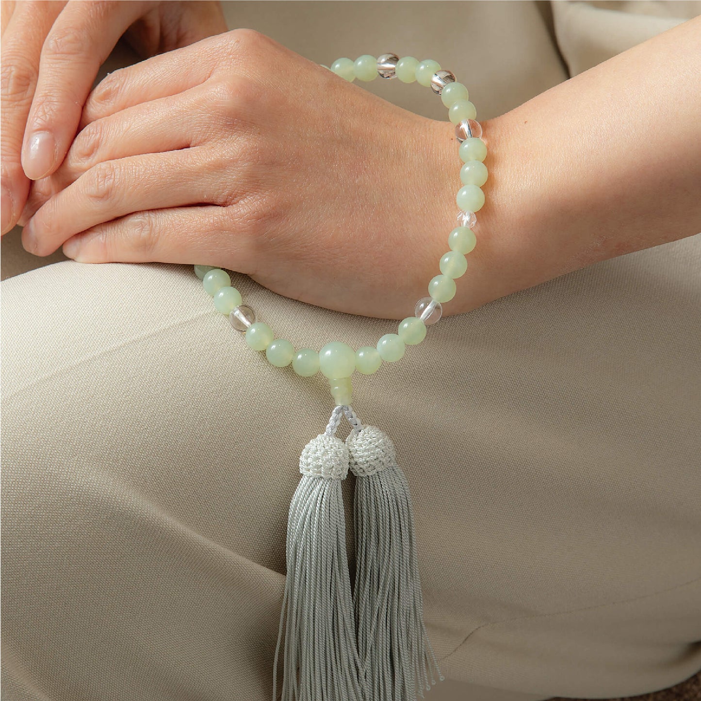 【念珠】ニュージェイド片手7mm 水晶  本絹頭房  SN012